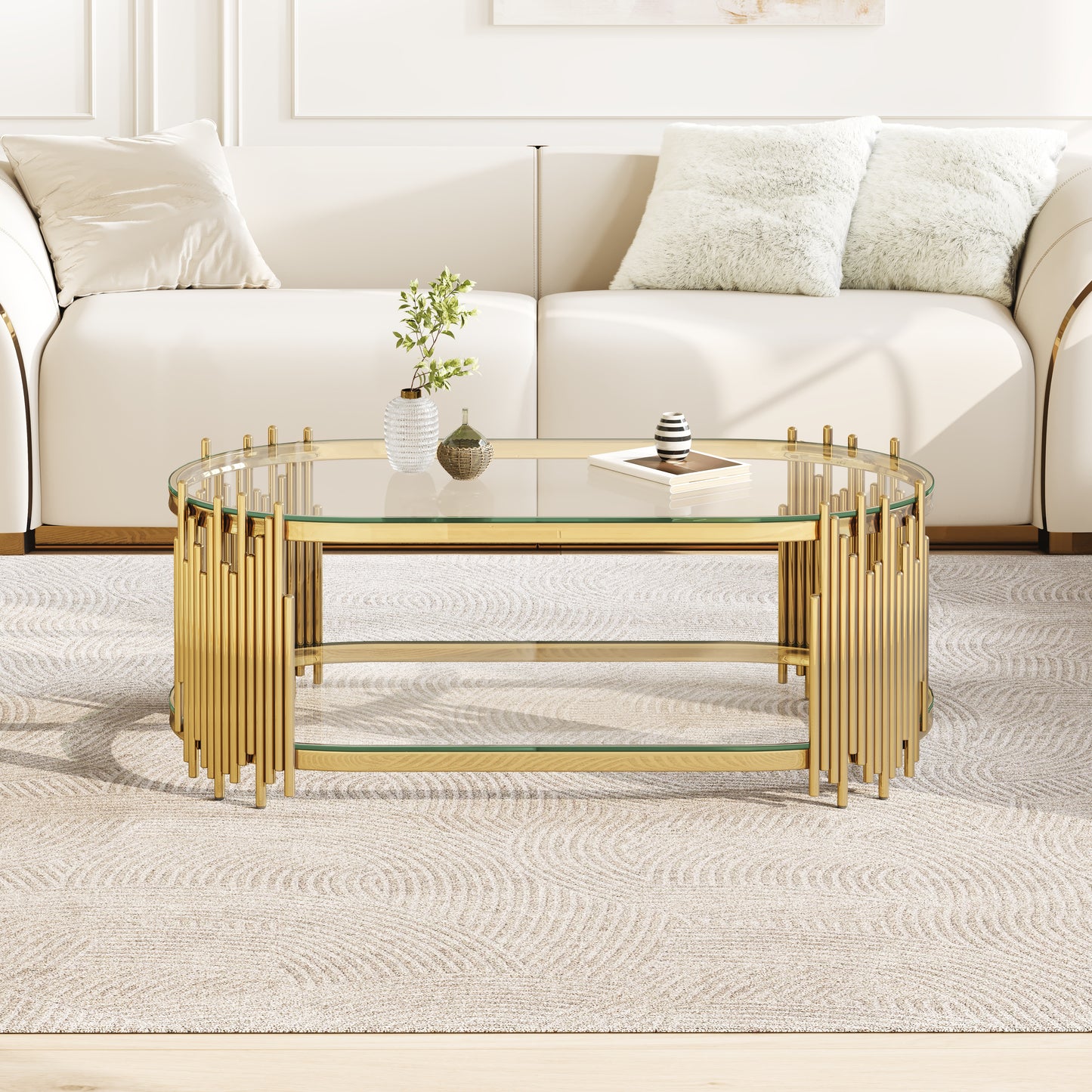 Luxury Gold Coffee Table with 2-Tier Tempered Glass Shelves, Modern Oval Center Table for Living Room, Polished Stainless Steel Frame, Artistic "Organ Pipe" Design, 47" x 23.6" x 17.7" image 1