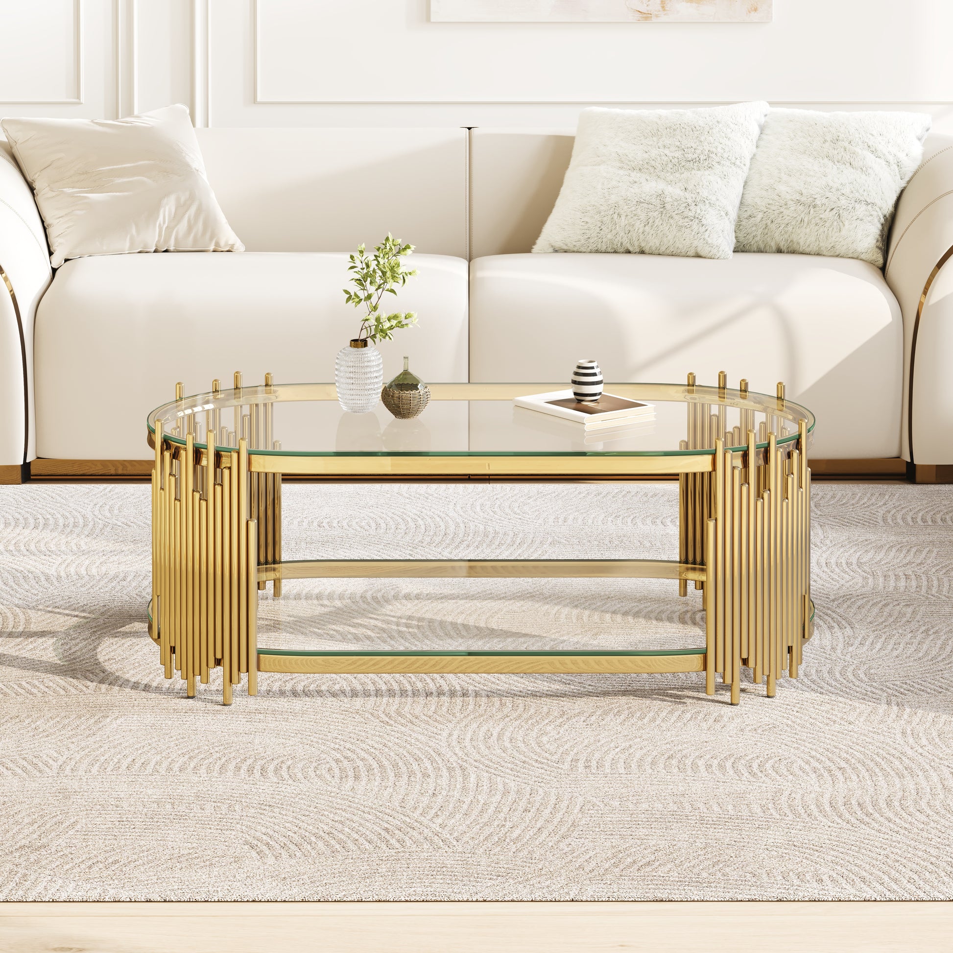 Luxury Gold Coffee Table with 2-Tier Tempered Glass Shelves, Modern Oval Center Table for Living Room, Polished Stainless Steel Frame, Artistic "Organ Pipe" Design, 47" x 23.6" x 17.7" image 1