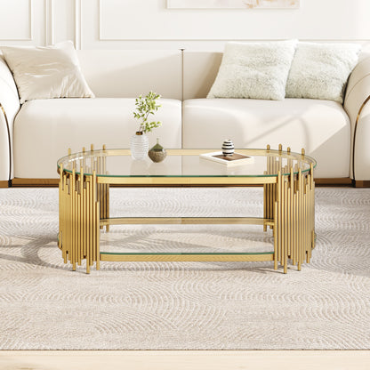 Luxury Gold Coffee Table with 2-Tier Tempered Glass Shelves, Modern Oval Center Table for Living Room, Polished Stainless Steel Frame, Artistic "Organ Pipe" Design, 47" x 23.6" x 17.7" image 1