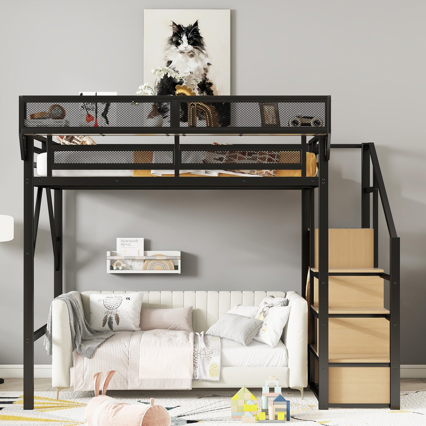 Full Size Loft Bed with Stairs, Metal Full Loft Bed with Storage Shelves, High Loft Bed with Wardrobe for Kids Teens, Black(Old SKU W2580S00029) Patent Products image 2