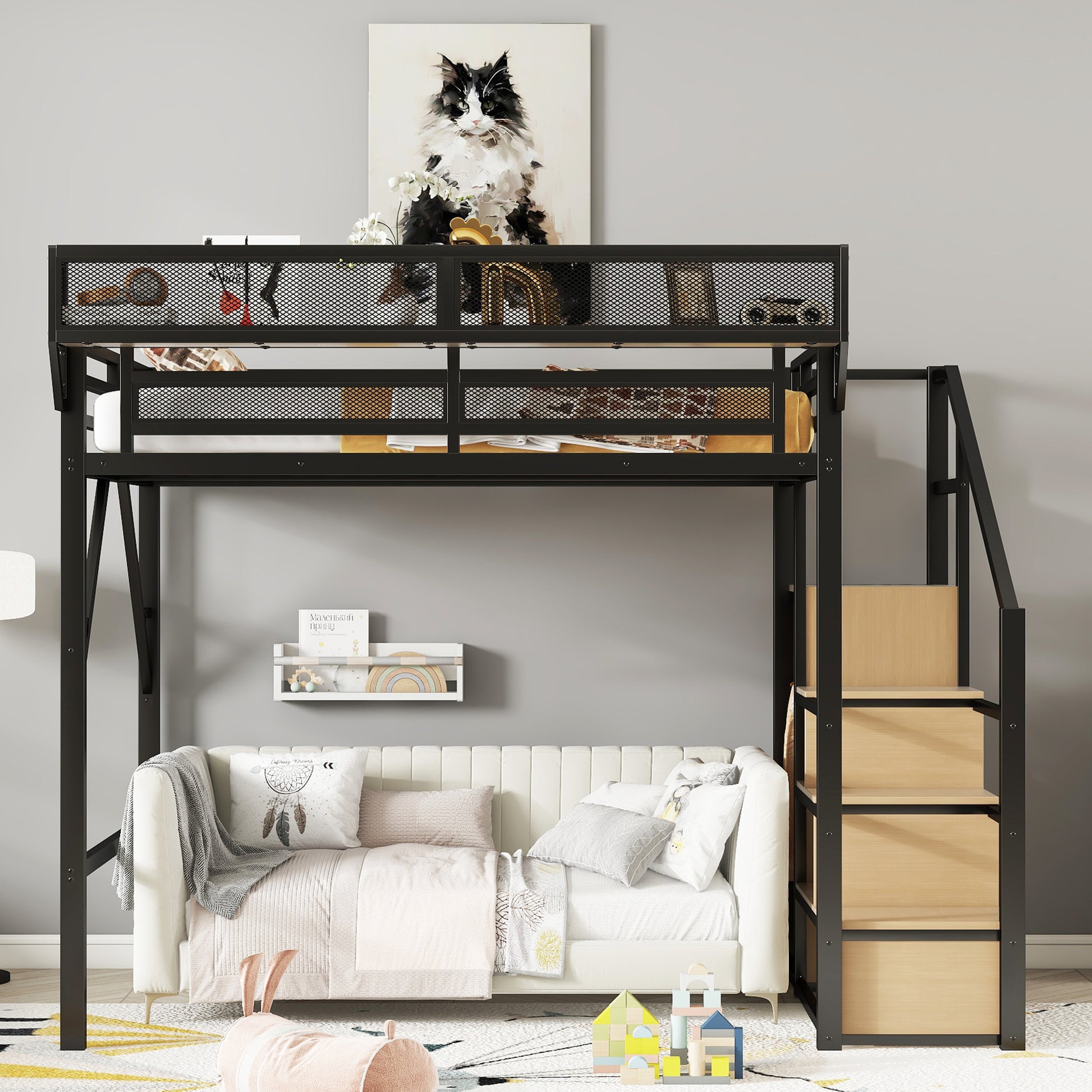 Full Size Loft Bed with Stairs, Metal Full Loft Bed with Storage Shelves, High Loft Bed with Wardrobe for Kids Teens, Black(Old SKU W2580S00029) Patent Products image 2