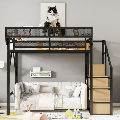 Full Size Loft Bed with Stairs, Metal Full Loft Bed with Storage Shelves, High Loft Bed with Wardrobe for Kids Teens, Black(Old SKU W2580S00029) Patent Products image 2