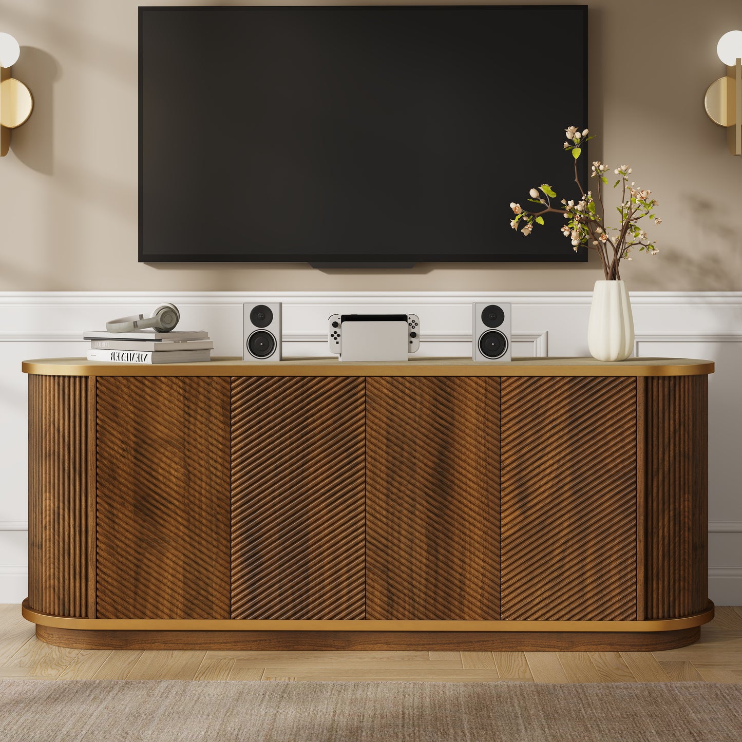 63" Diagonal Fluted Sideboard Cabinet with Storage, 4-Door Walnut Buffet Credenza TV Stand with Gold Trim, Cream Faux Marble-Top Console Table, Modern Cabinet for Dining Room, Living Room, Walnut image 3
