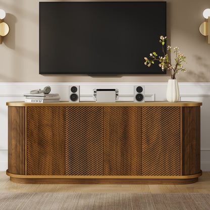 63" Diagonal Fluted Sideboard Cabinet with Storage, 4-Door Walnut Buffet Credenza TV Stand with Gold Trim, Cream Faux Marble-Top Console Table, Modern Cabinet for Dining Room, Living Room, Walnut image 3