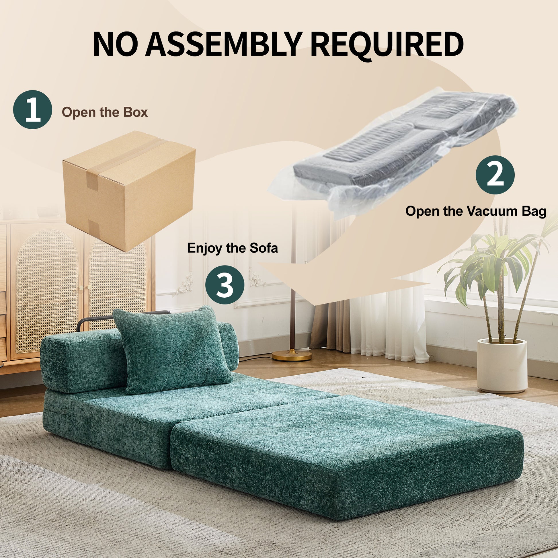 Compression Sofa,Convertible Floor Sofa Bed with Fixed-Shape Frame,Single Seater Boneless Modular Sectional Sofa,No Assembly Required,Chenille fabric,for Living Room Bedroom,Dark Green image 7
