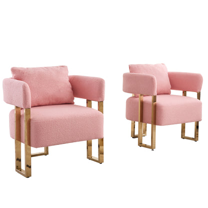 TS Modern decorative chair, living room side chair with gold metal legs, no wheels, suitable for dressing area, reception room, office,Teddy fleece upholstered metal foot sofas 2PCS Pink image 6