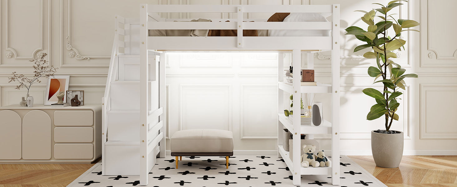 Full Size Loft Bed with Shelves, Storage Staircase, Small Wardrobe and White LED Light, White(Old SKU:N7090000472K) image 6
