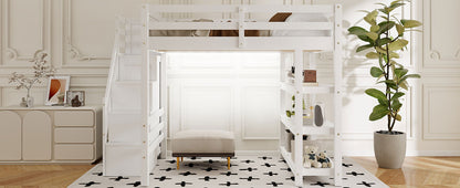 Full Size Loft Bed with Shelves, Storage Staircase, Small Wardrobe and White LED Light, White(Old SKU:N7090000472K) image 6