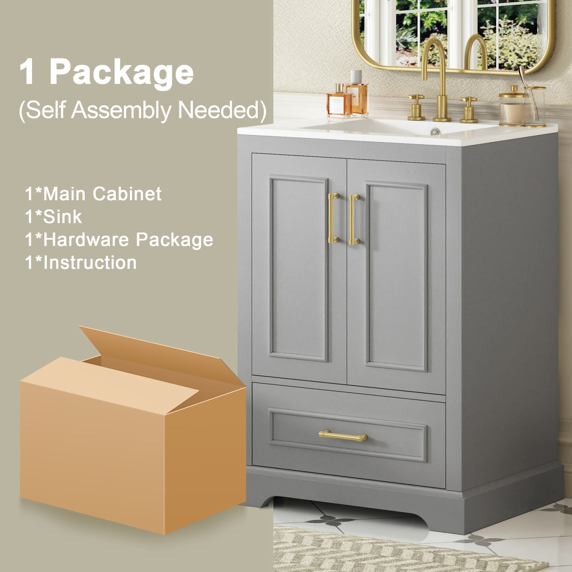 24"Bathroom Vanity with Sink, MDF Cabinet with Solid Wood Frame, 1 Divided Drawer and 2 Soft Close Doors with Double Shelf on the Door, Freestanding Vanity image 8