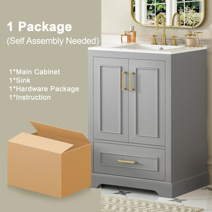 24"Bathroom Vanity with Sink, MDF Cabinet with Solid Wood Frame, 1 Divided Drawer and 2 Soft Close Doors with Double Shelf on the Door, Freestanding Vanity image 8