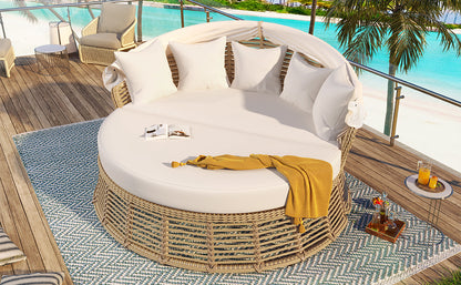 <Old SKU: N704G201243A> Outdoor Patio Rattan Round Daybed with Retractable Canopy, Wicker Furniture Round Poolside Sofa Sunbed with Removable Cushions, Backyard, Porch, Beige image 8
