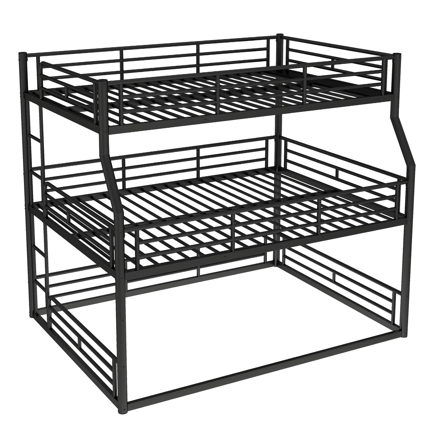 Full XL over Queen over Queen Bunk Bed, Metal Triple Bunk Bed with Safety Guardrails, Heavy-duty Bunk Bed with Noise-reduced Design, Black image 6