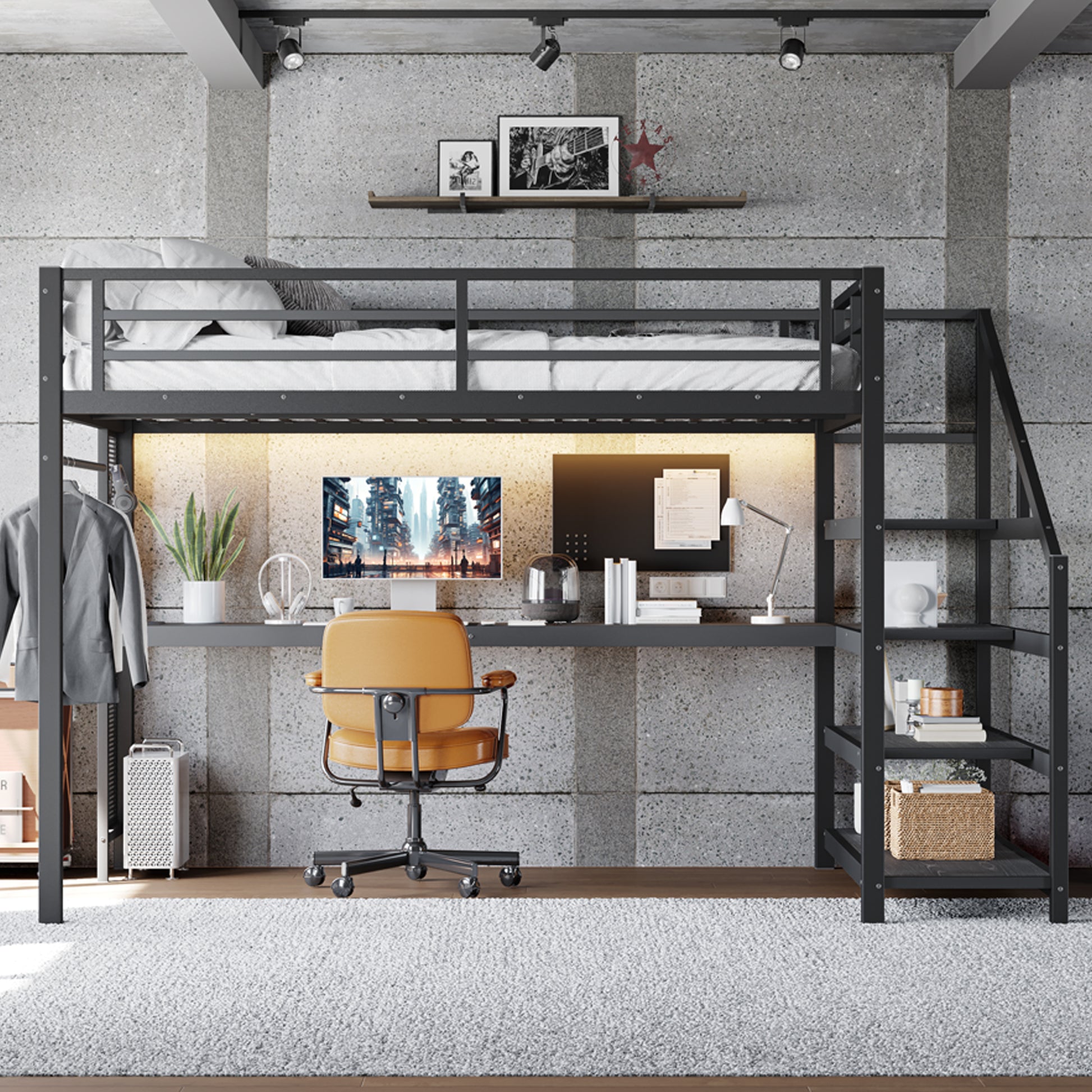 Queen Loft Bed with Desk and Storage Stairs, Metal Loft Beds with LED Lights, USB Ports, Multifunctional Iron Nets, No Spring Box Needed and Noise-free, Black image 4