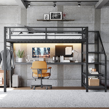 Queen Loft Bed with Desk and Storage Stairs, Metal Loft Beds with LED Lights, USB Ports, Multifunctional Iron Nets, No Spring Box Needed and Noise-free, Black image 4