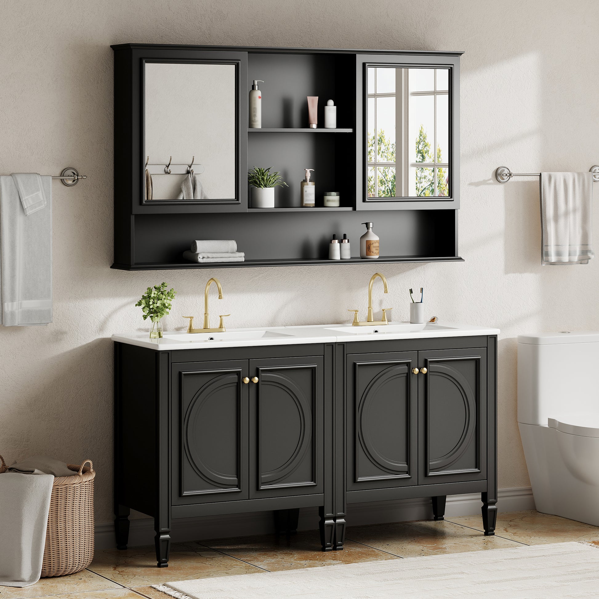 60" Double Sink Bathroom Vanity Set with Matching Wall Mount Medicine Cabinet, Vintage Raised Round Panel Doors & Tapered Legs, Soft Close Hinges, Adjustable Storage Shelves, Black image 1