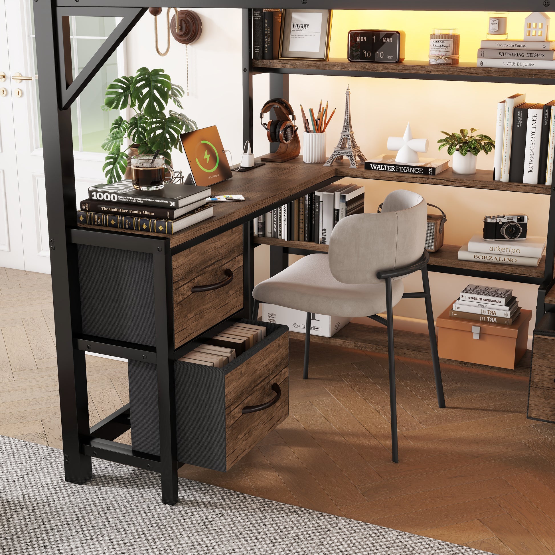 Full Size Loft Bed with Desk and Light, Metal Loft Bed with Storage Shelves, Wardrobe and Drawers for Boys Girls(Old SKU W2593S00040) image 4