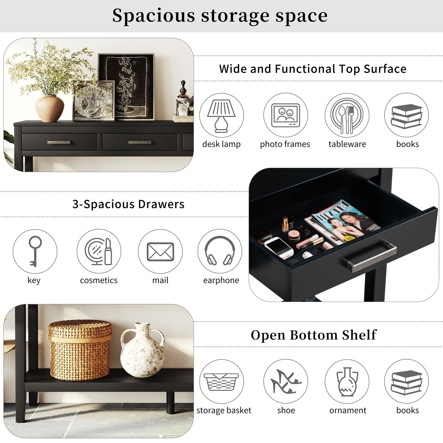 U_STYLE 59.1'' Farmhouse Entryway Table with 3 Drawers, Painted Console Table with Bottom Shelf & Iron Handles, Minimalist Sofa Table for Living Room, Hallway, Kitchen, Bedroom, Office image 6