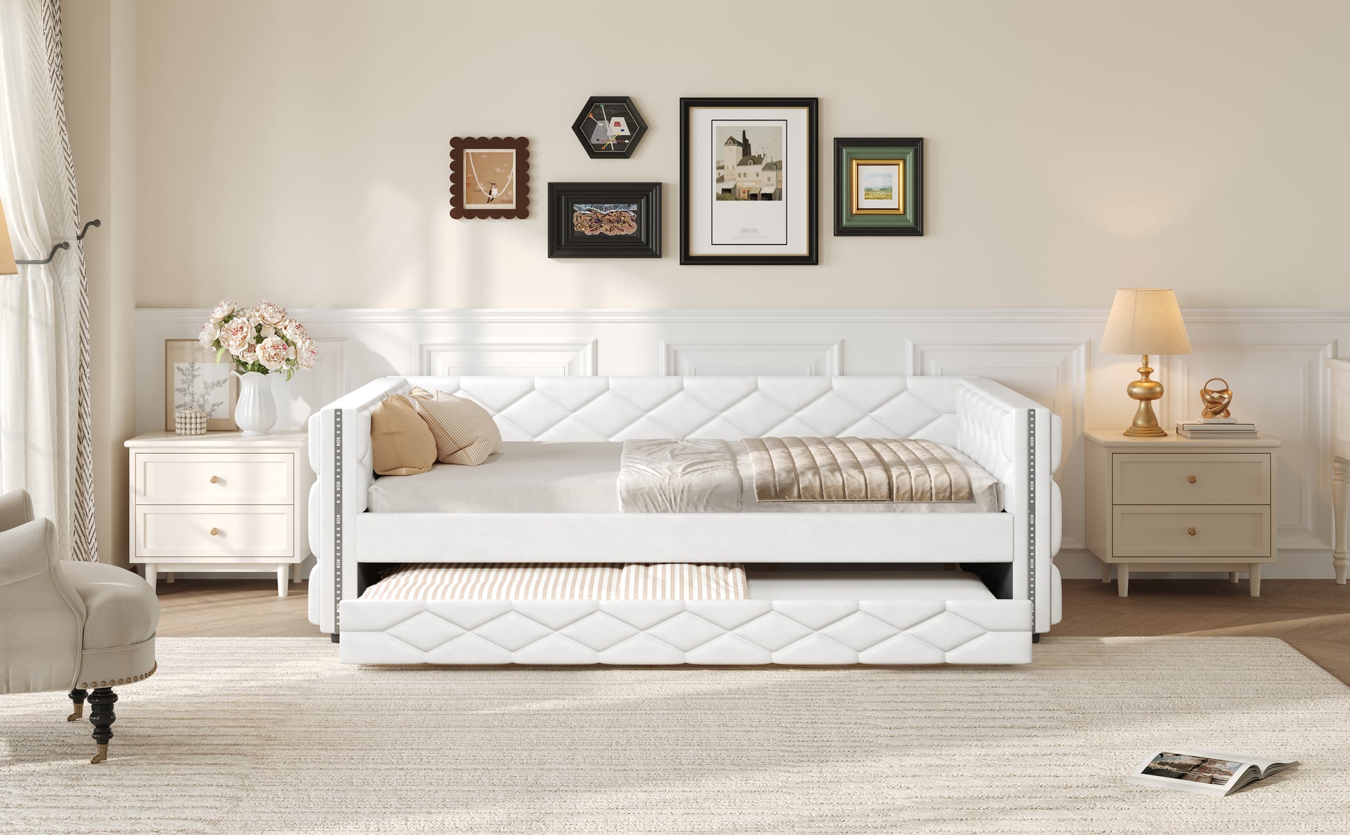 Full XL Size Upholstered Daybed with Trundle and LED, White image 5