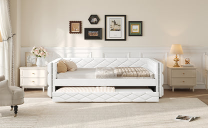 Full XL Size Upholstered Daybed with Trundle and LED, White image 5