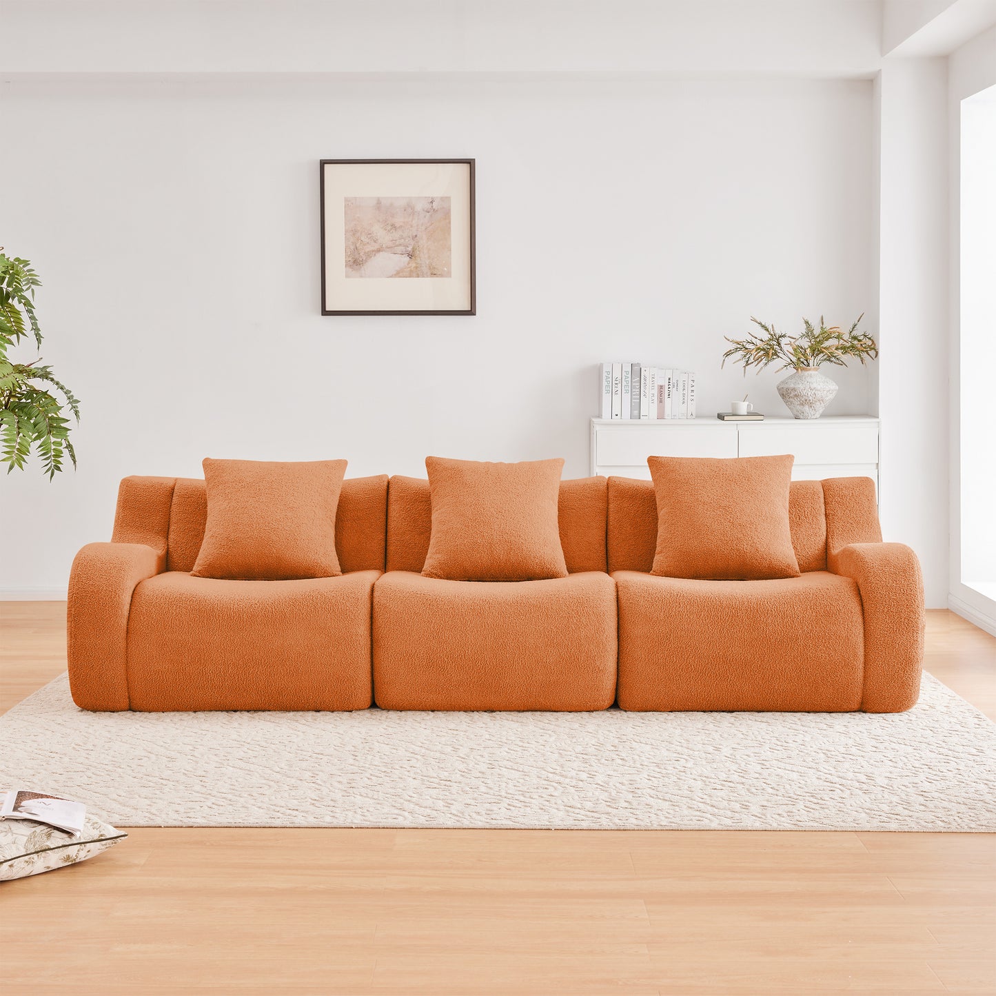 Boneless Sofa,3 Seat High-Quality Teddy Fabric,Anti-Slip Design,No Assembly Curved Armrests Streamlined,32D High Density Sponge For Living Rooms Bedrooms Reading Nook,Orange image 3