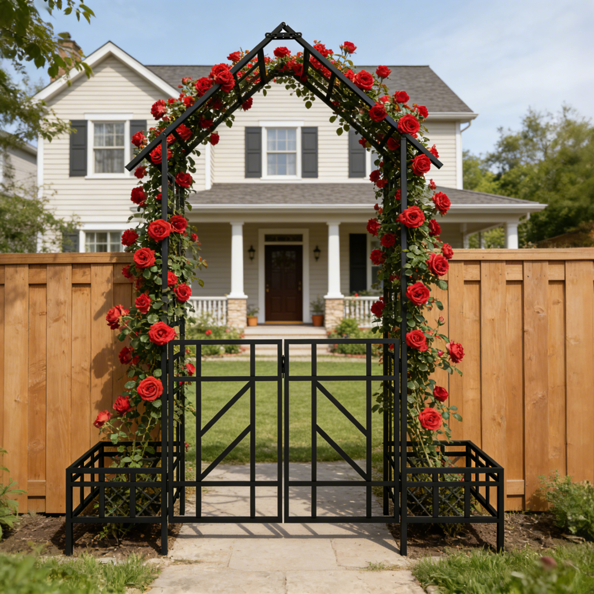 Metal Garden Arch with Gate with planter W80.71*H97.24 Climbing Plants Support Rose Arch Outdoor Black image 2