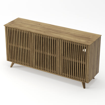 58.86" Solid Knot-Free Pine Wood TV Stand, Mid-Century Modern Storage Cabinet with No Handle Doors and Adjustable Shelf, Entertainment Center for Living Room, Bedroom, Kitchen, Natural image 11