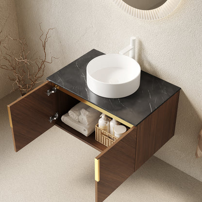 ARAI 30" Bathroom Vanity with Sink, Wall-Mounted Plywood Bathroom Storage Cabinet with Double Doors, Black Sintered Stone Countertop and White Round Ceramic Basin, Brown Oak Woodgrain Color image 2