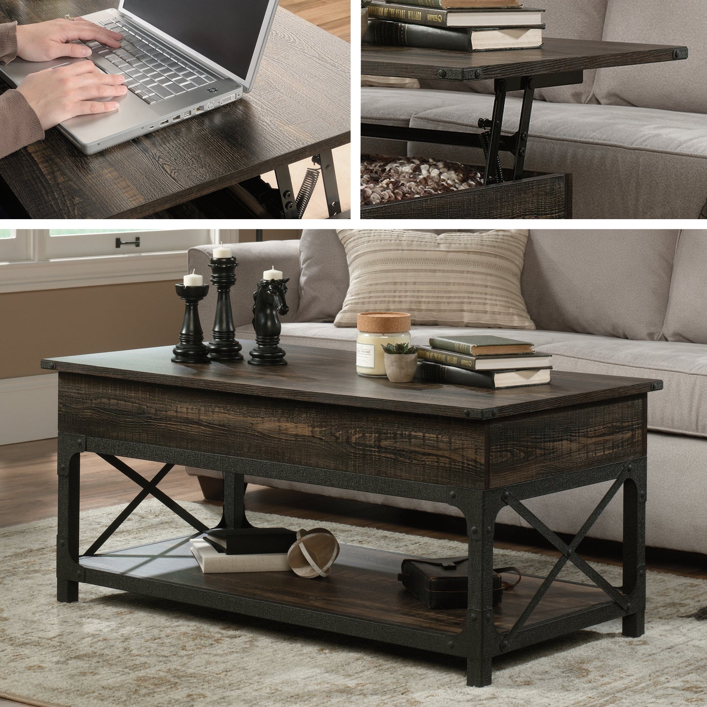 Lift-Top Coffee Table with Industrial Style, Brown finish image 2