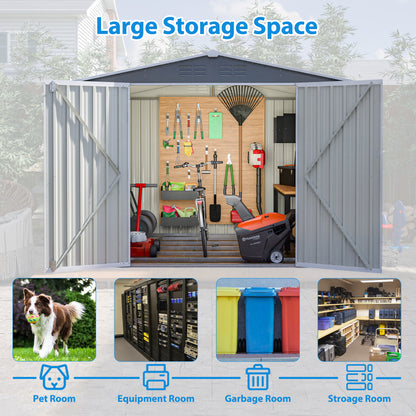 8 x 6 FT Outdoor Waterproof Garden Tool Storage Sheds with Metal Foundation with Floor Frame, Tool Shed with Lockable Hinged Doors & Air Vents, Storage House Waterproof for Backyard, Lawn, Gray image 7