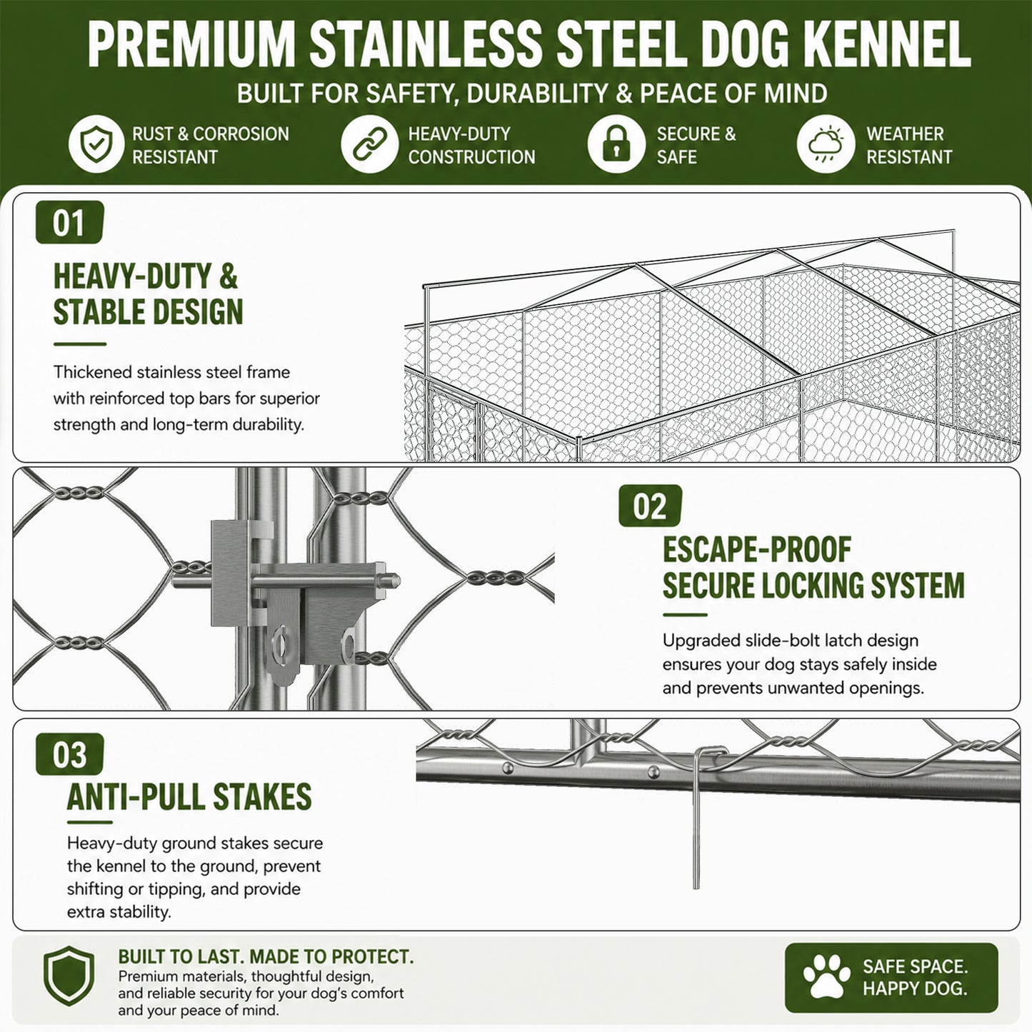 10x20 FT Large Outdoor Dog Kennel with Canopy, Heavy Duty Galvanized Steel Frame, Waterproof Cover, All-Weather Protection, Escape-Proof Lockable Pet Playpen for Large Dogs, Multiple Animals. image 8