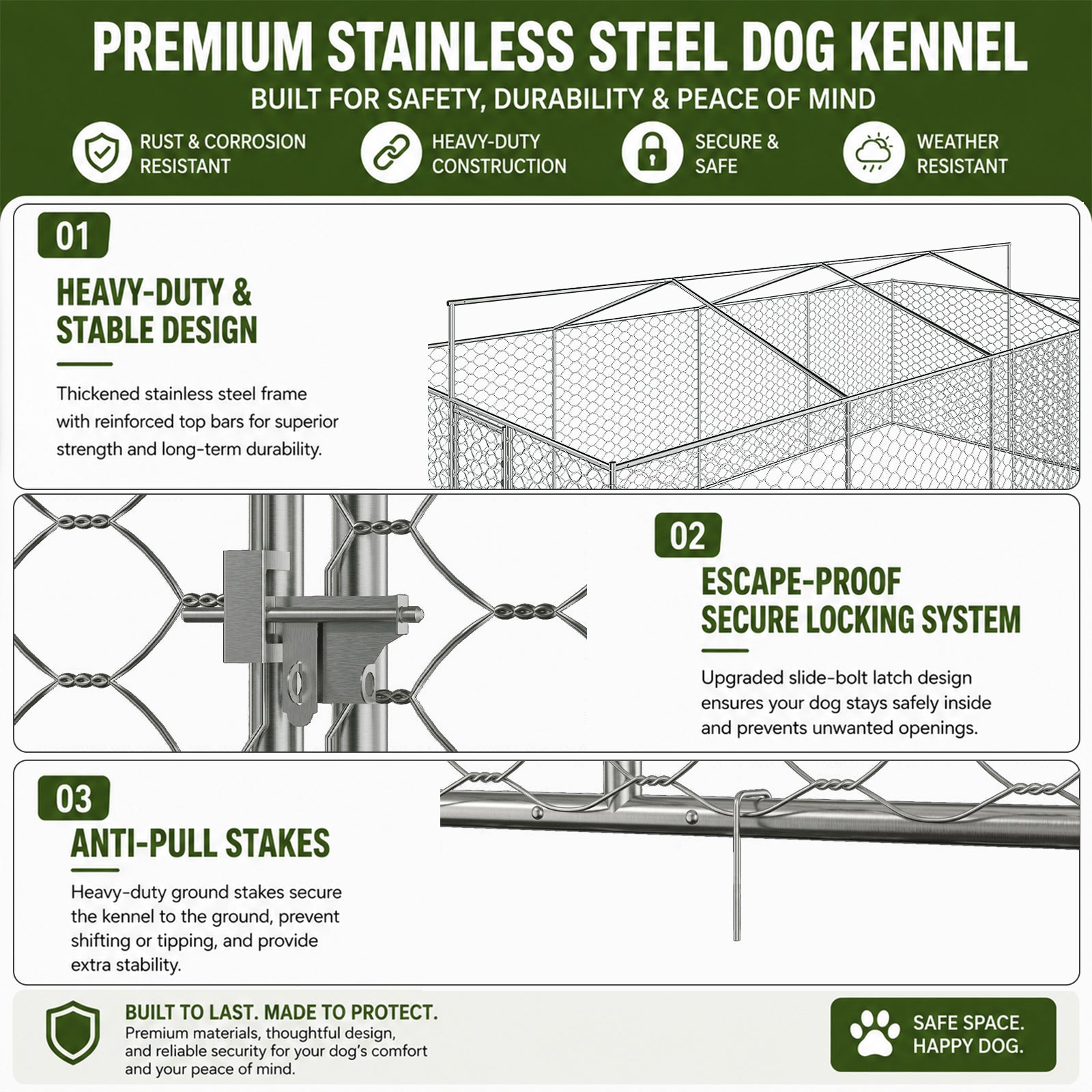 10x20 FT Large Outdoor Dog Kennel with Canopy, Heavy Duty Galvanized Steel Frame, Waterproof Cover, All-Weather Protection, Escape-Proof Lockable Pet Playpen for Large Dogs, Multiple Animals. image 8