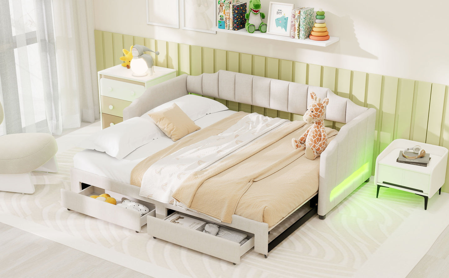 Twin XL Size Extendable Upholstered Daybed with Two Storage Drawers and LED Light,Twin XL to King Daybed,Beige image 6