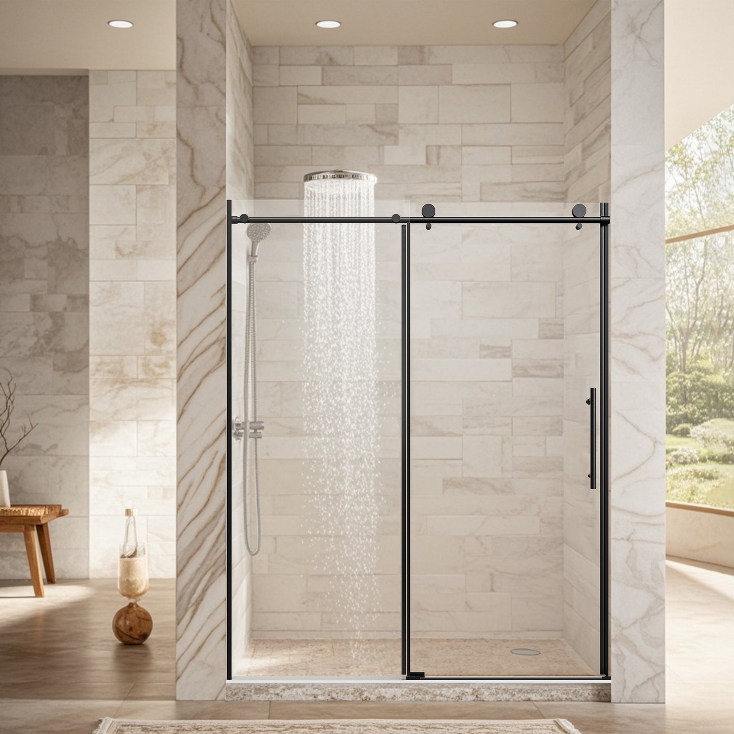 56-60" W * 76" H Stainless Steel Round Tube Frameless Single Sliding Shower Door, 1/4"-thick (6mm) SGCC Clear Tempered Glass Door, Reversible Installation, Matte Black image 1
