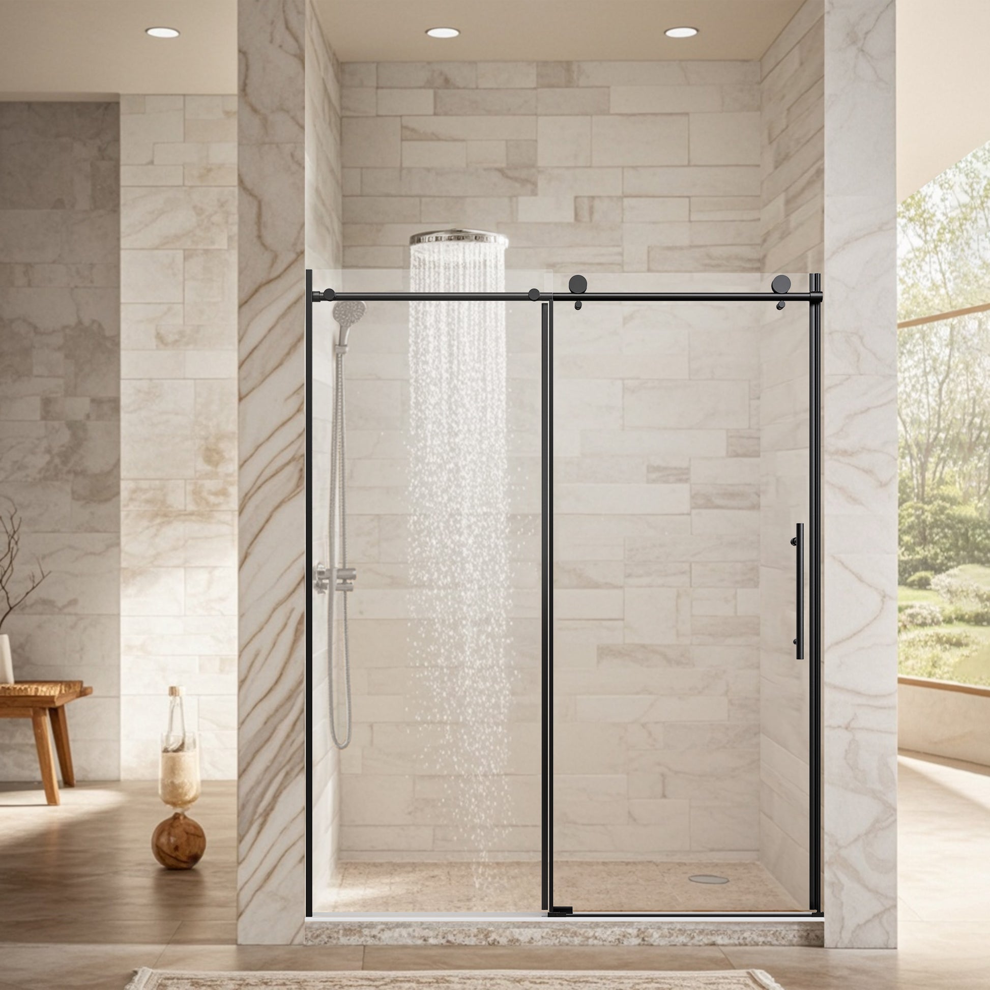 56-60" W * 76" H Stainless Steel Round Tube Frameless Single Sliding Shower Door, 1/4"-thick (6mm) SGCC Clear Tempered Glass Door, Reversible Installation, Matte Black image 1