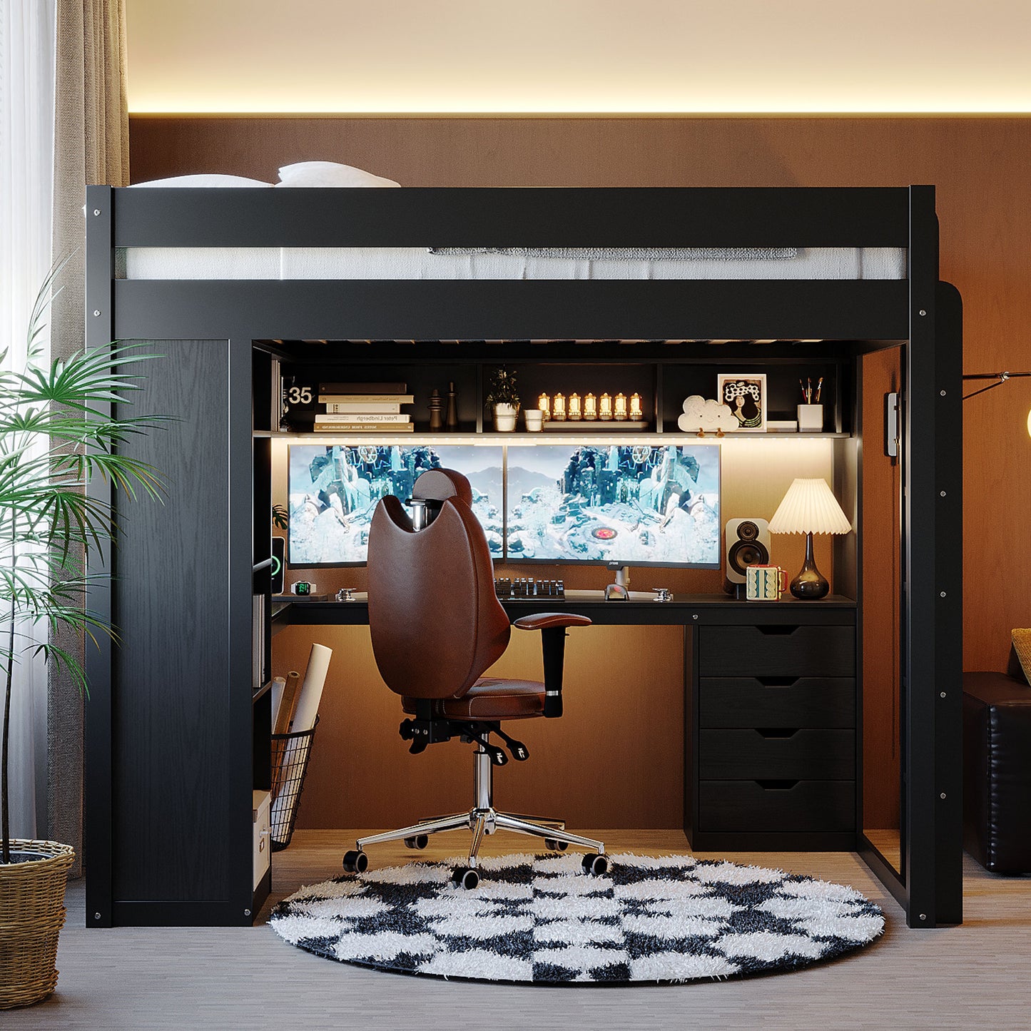Full Size Solid Wood Loft Bed with L-Shaped Desk and 4 Drawers, Ash Veneer High Loft Bed with Smart APP Control LED Light Strip, USB Charging Ports and 4-Tier Open Shelves, Black image 2