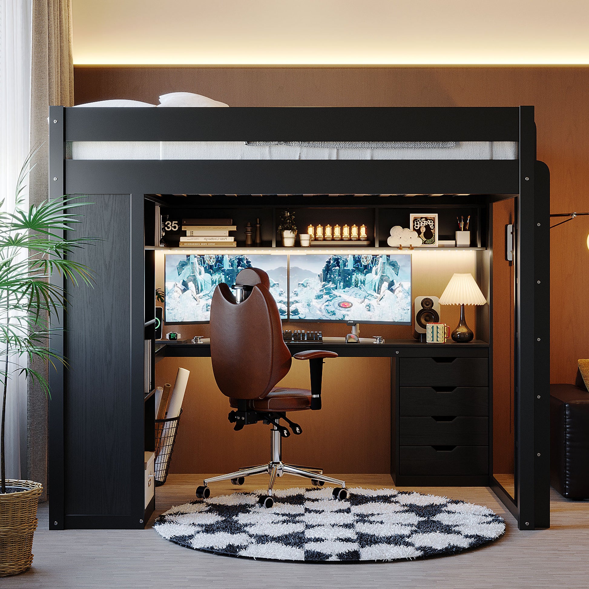 Full Size Solid Wood Loft Bed with L-Shaped Desk and 4 Drawers, Ash Veneer High Loft Bed with Smart APP Control LED Light Strip, USB Charging Ports and 4-Tier Open Shelves, Black image 2
