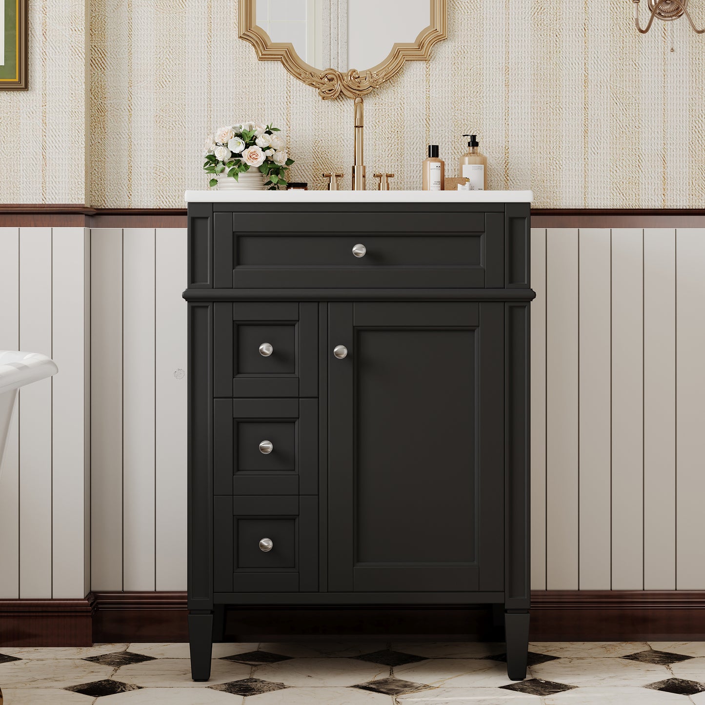 24'' Bathroom Vanity with Top Sink, Modern Bathroom Storage Cabinet with 2 Drawers and a Tip-out Drawer, Single Sink Bathroom Vanity image 1