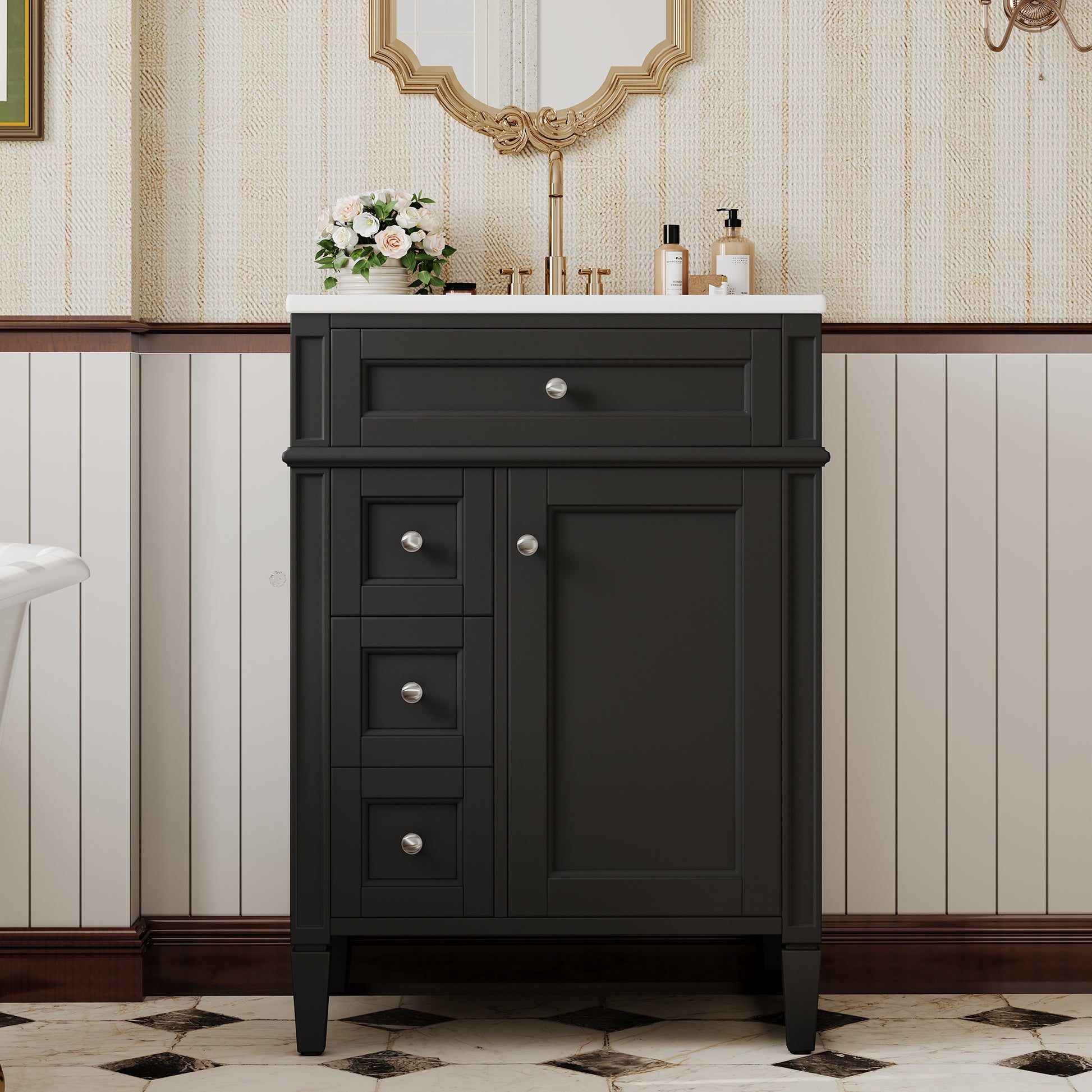 24'' Bathroom Vanity with Top Sink, Modern Bathroom Storage Cabinet with 2 Drawers and a Tip-out Drawer, Single Sink Bathroom Vanity image 1