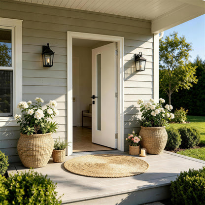 36"x80" Fiberglass Front Door with White 4-9/16" PVC Frame,Right-Hand Inswing Exterior Door with Brickmould,Contemporary minimalist smooth skin with frosted glass for Home Entrance,White image 2