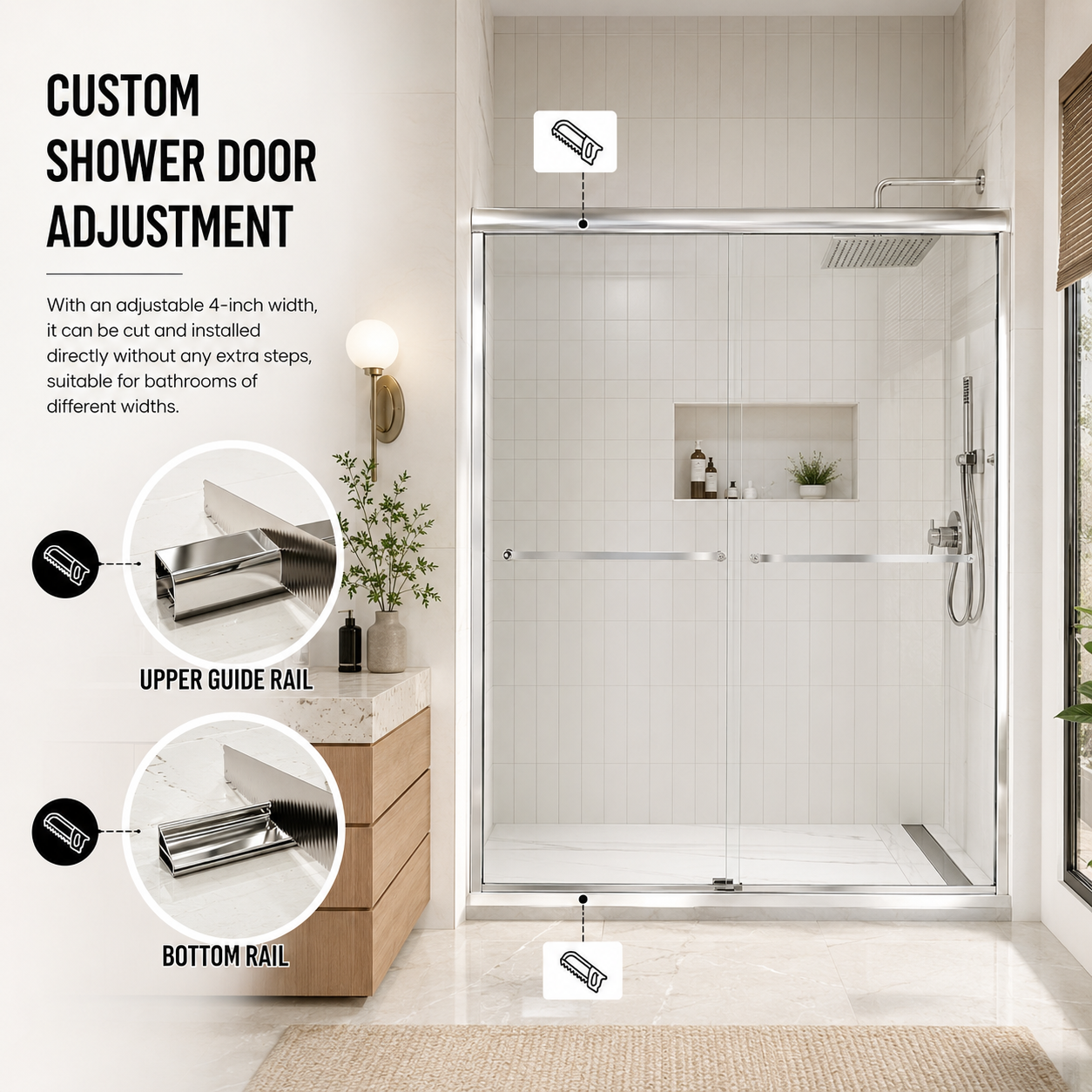 56-60" W x 72" H Framed Double Sliding Shower Door, 1/4" (6mm) Clear Tempered Glass with Safety Film and Nano Coating, Waterproof Seals, Chrome image 6