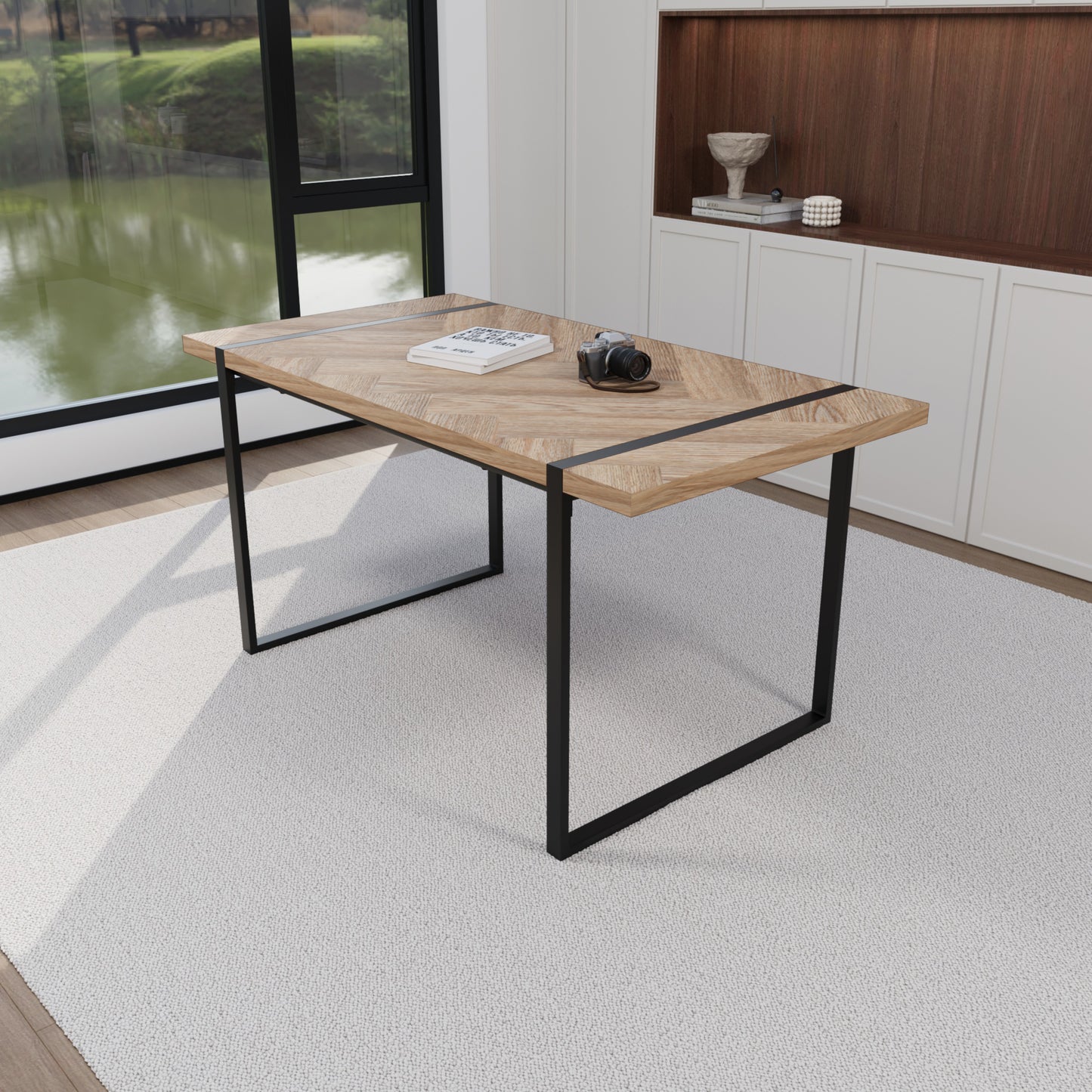 59" MDF light wood dining table and modern dining chair 4-piece set, medieval wooden kitchen dining table set, rectangular metal base, dining table and suede chair image 8