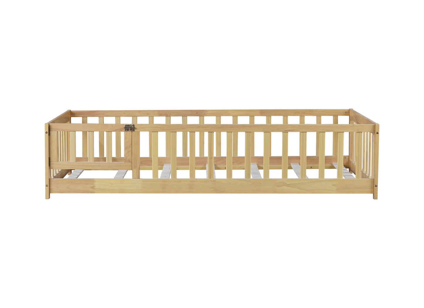 Twin Size Floor Bed with Fence and Door,Rubber Wood Floor Bed with Safety Guardrails,Natural (Old Sku W504P296778) image 10