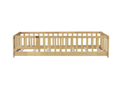 Twin Size Floor Bed with Fence and Door,Rubber Wood Floor Bed with Safety Guardrails,Natural (Old Sku W504P296778) image 10