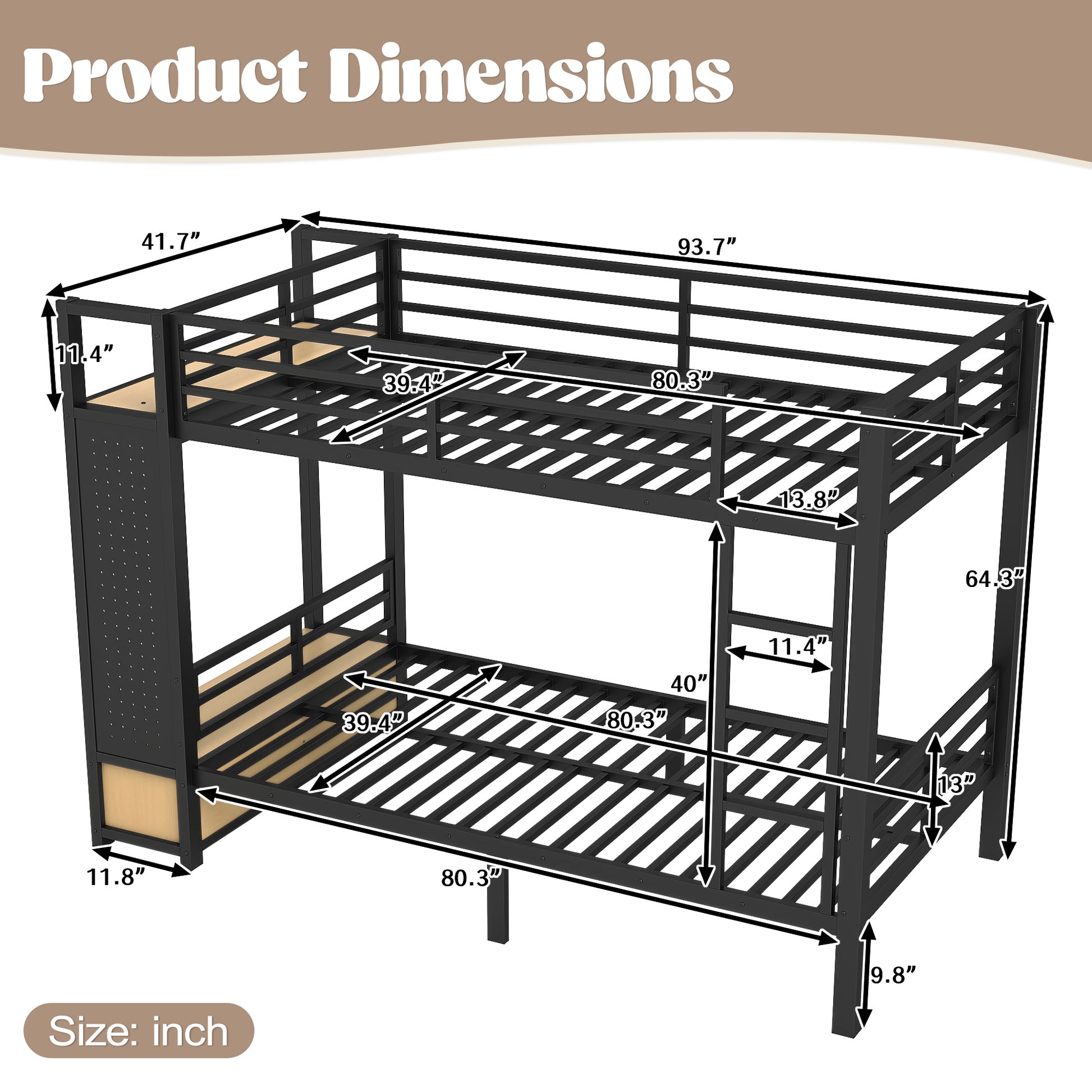 Twin XL over Twin XL size Metal Bunk Bed for Teens with Storage Shelves,Drawers and Pegboard,Black image 6