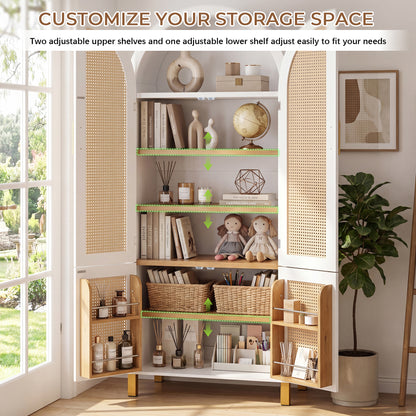 71" Tall Arched Cabinet with Rattan Doors & Adjustable Shelves,4 Doors Modern Farmhouse Storage Cabinet with Built-in Racks for Kitchen, Dining Room, Study, White image 9