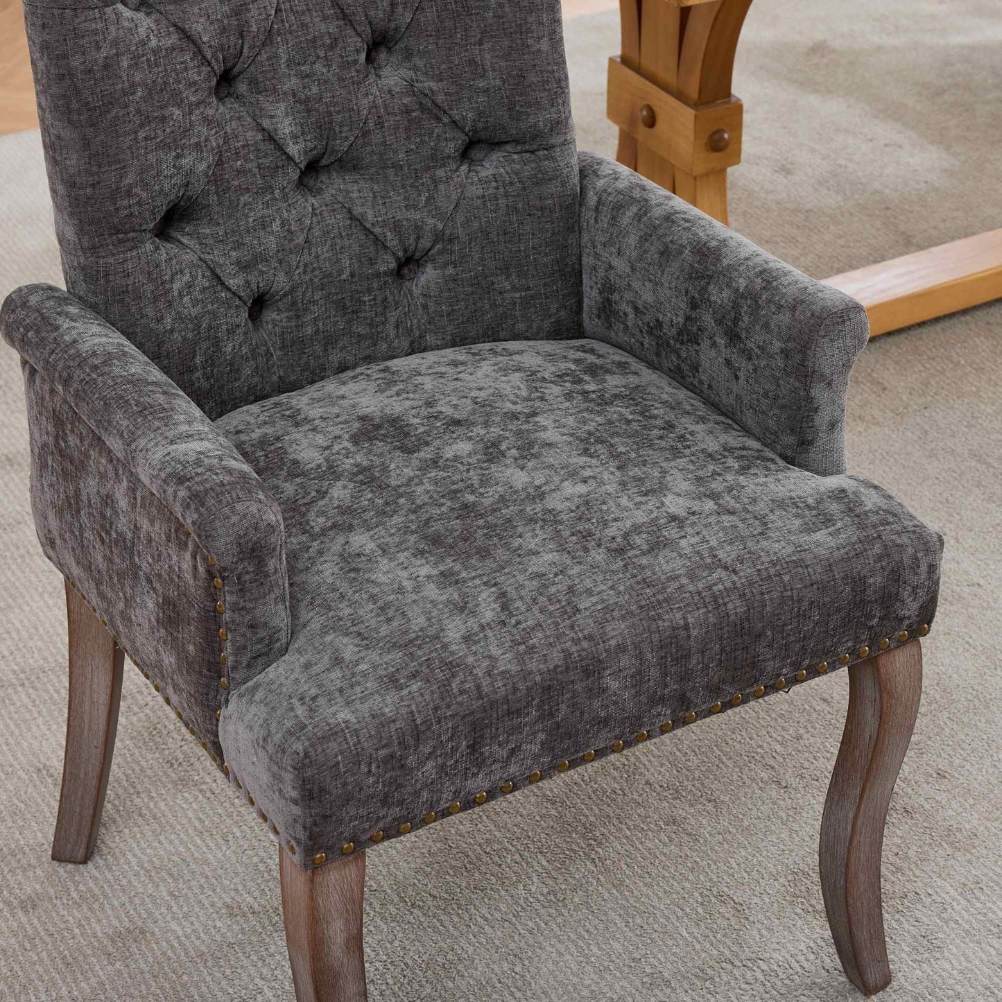 Upholstered Chenille Fabric Accent Dining Chair, Curved Solid Wood Legs, Elegant Tufted Club Dining Room Kitchen Room Arm Dining Chair, Single Pack,Gray,SW1895GY image 11