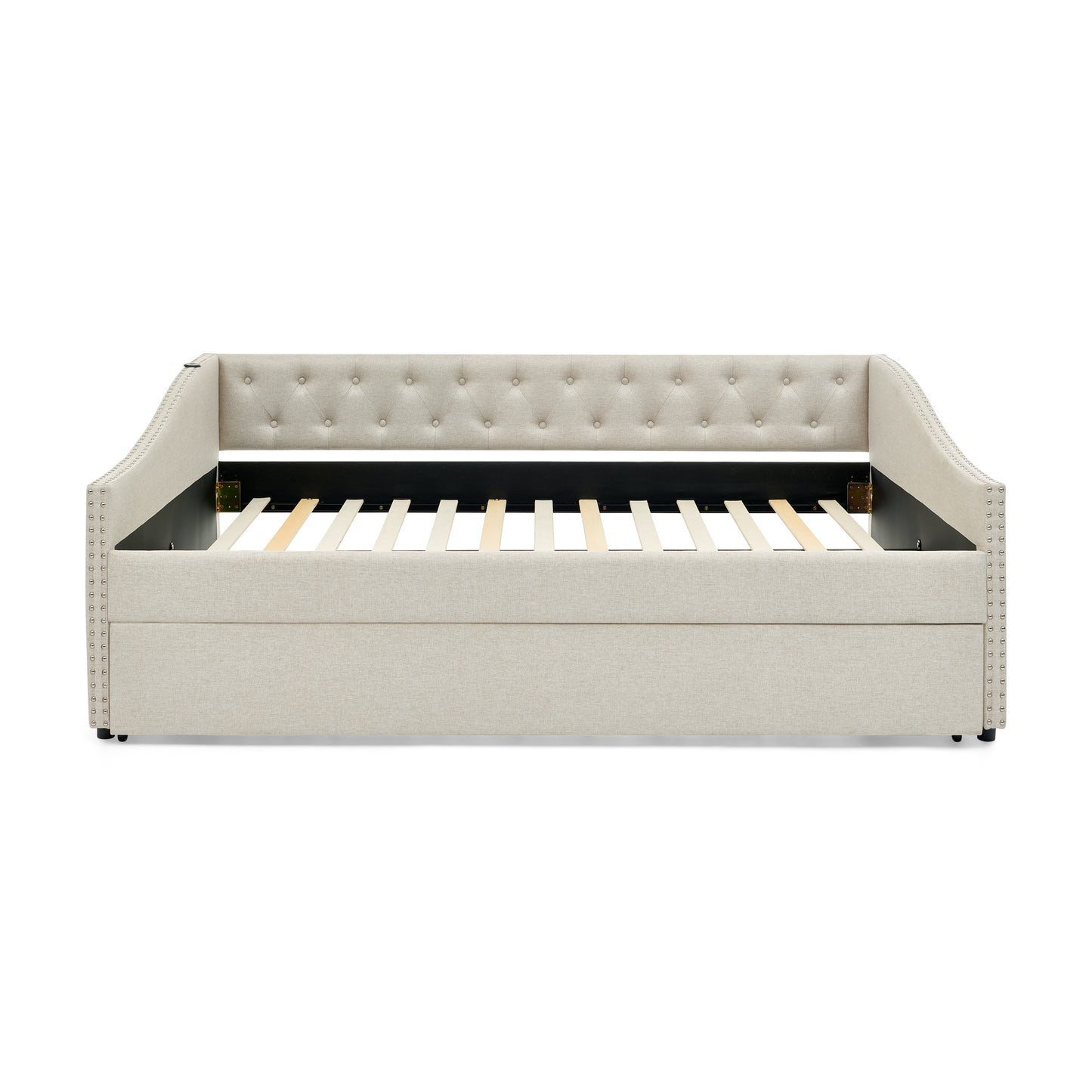 Full Size Daybed with USB Charging & Twin Size Pull-out Extendable Bed, with Button on Back and Copper Nail on Waved Shape Arms image 6