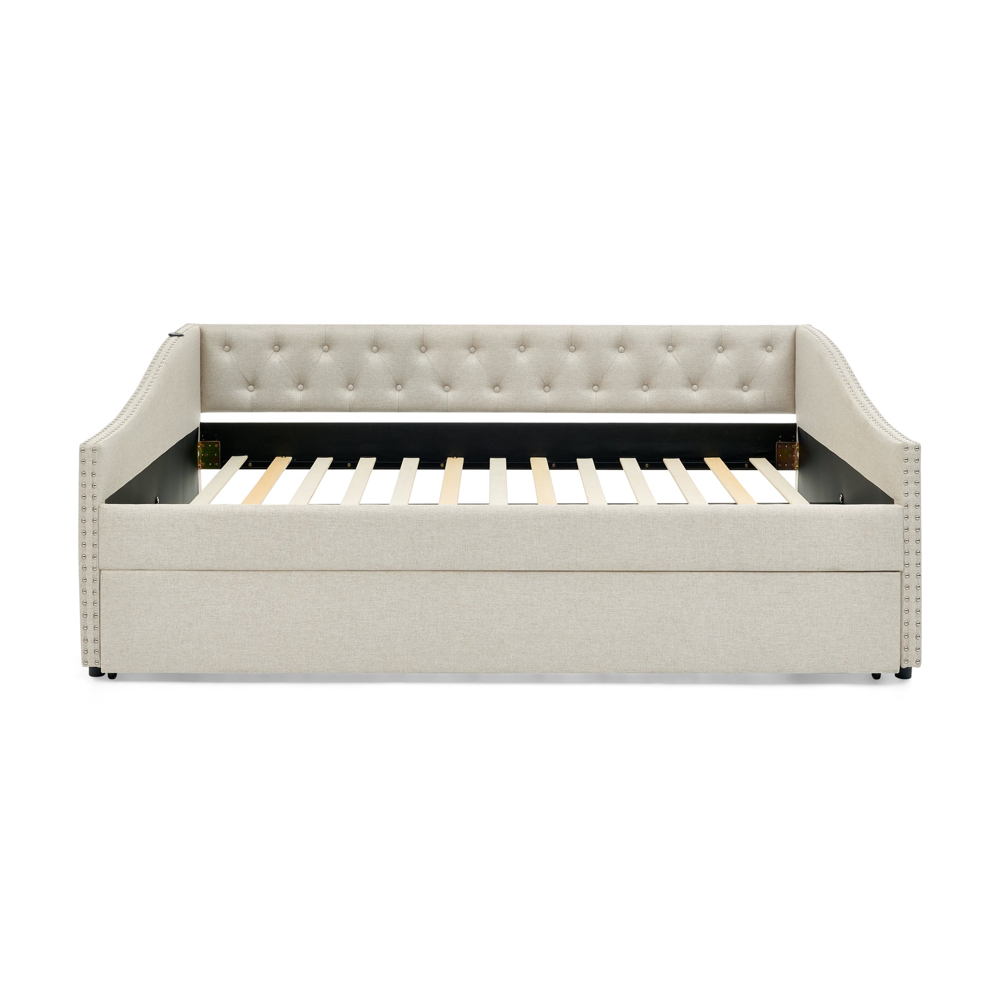 Full Size Daybed with USB Charging & Twin Size Pull-out Extendable Bed, with Button on Back and Copper Nail on Waved Shape Arms image 6