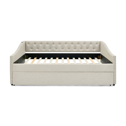 Full Size Daybed with USB Charging & Twin Size Pull-out Extendable Bed, with Button on Back and Copper Nail on Waved Shape Arms image 6
