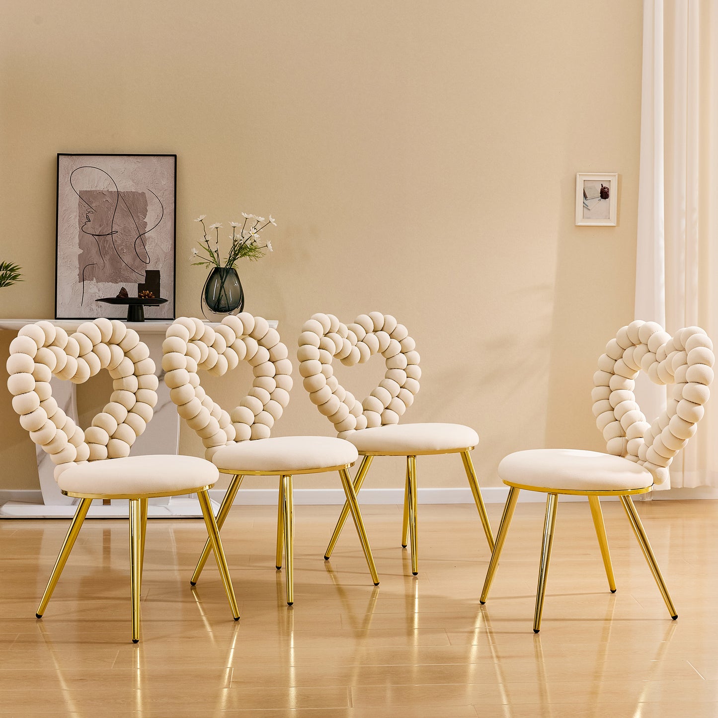 Set of 2 Unique Heart Bubble Tufted Accent Chair, Plush Velvet Chair with Shiny Gold Metal Frame, Cute & Modern Seating for Home Decor image 4